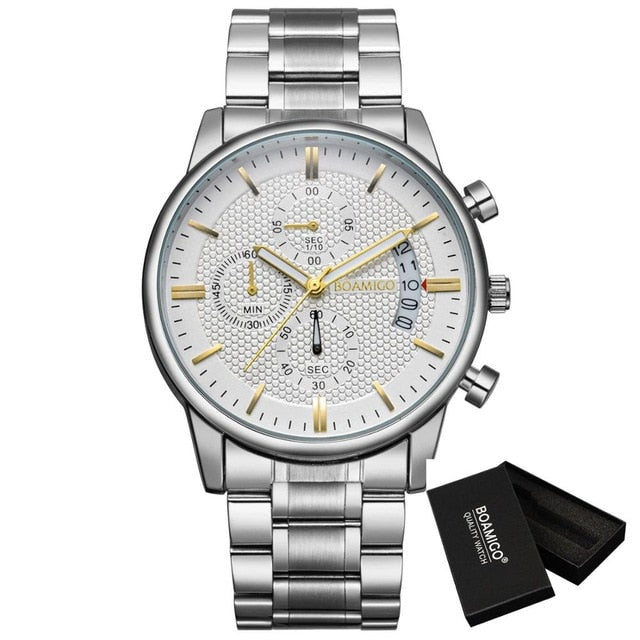 BOAMIGO Men Watch Chronograph Sport Mens Watches Top Brand Luxury Waterproof Full Steel Quartz Gold Clock Men Relogio Masculino